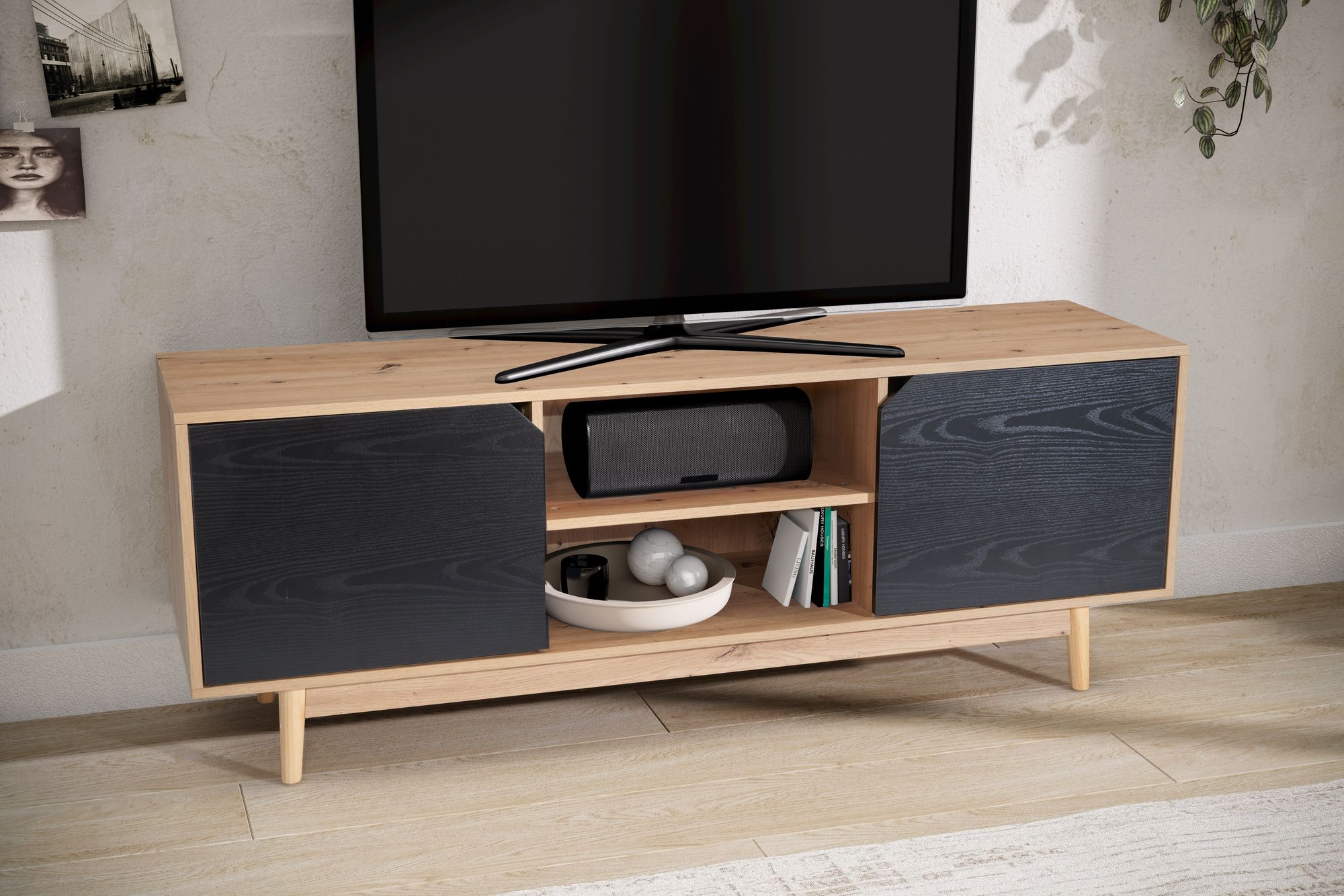 Lowboard FineBuy TV Schrank 150 cm Fernsehkommode Fernsehschrank Eiche Schwarz – Ansicht 4
