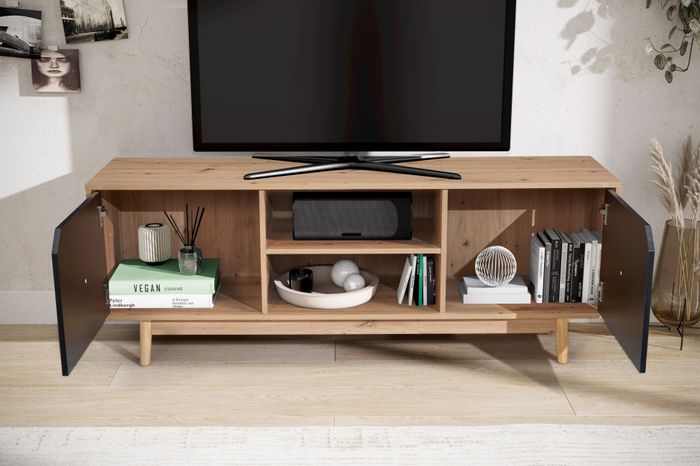 FineBuy Lowboard Eiche-Dekor Schwarz 150x55x40 cm TV-Kommode Modern, Design TV-Schrank Hoch, Fernsehtisch Fernsehschrank mit zwei Türen, Fernsehkommode Wohnzimmer