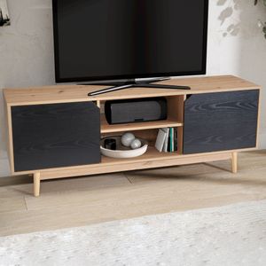 FineBuy Lowboard Eiche-Dekor Schwarz 150x55x40 cm TV-Kommode Modern, Design TV-Schrank Hoch, Fernsehtisch Fernsehschrank mit zwei Türen, Fernsehkommode Wohnzimmer