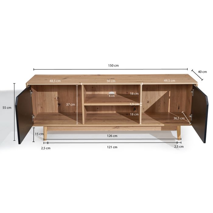 Lowboard FineBuy TV Schrank 150 cm Fernsehkommode Fernsehschrank Eiche Schwarz – Maßzeichnung