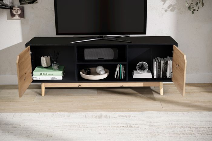 FineBuy Lowboard Schwarz Eiche-Dekor 150x55x40 cm TV-Kommode Modern, Design TV-Schrank Hoch, Fernsehtisch Fernsehschrank mit zwei Türen, Fernsehkommode Wohnzimmer