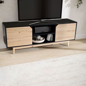 FineBuy Lowboard Schwarz Eiche-Dekor 150x55x40 cm TV-Kommode Modern, Design TV-Schrank Hoch, Fernsehtisch Fernsehschrank mit zwei Türen, Fernsehkommode Wohnzimmer