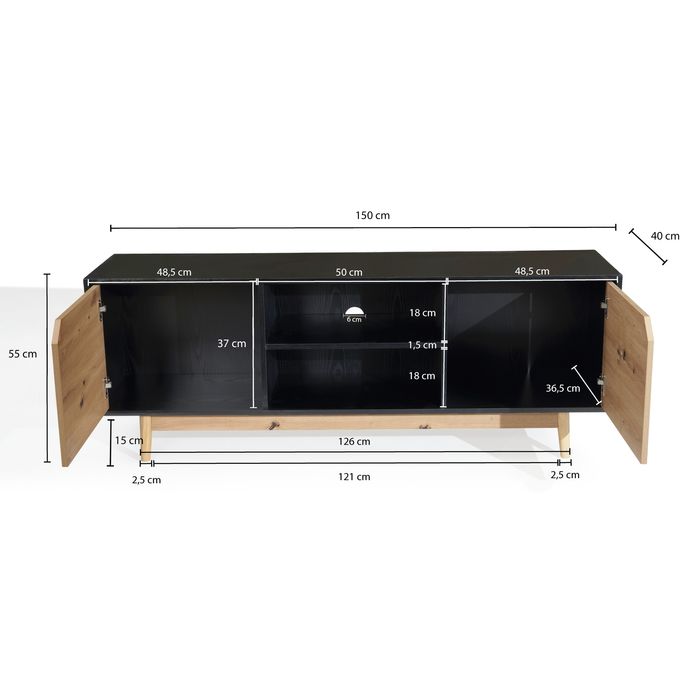 FineBuy Lowboard Schwarz Eiche-Dekor 150x55x40 cm TV-Kommode Modern, Design TV-Schrank Hoch, Fernsehtisch Fernsehschrank mit zwei Türen, Fernsehkommode Wohnzimmer