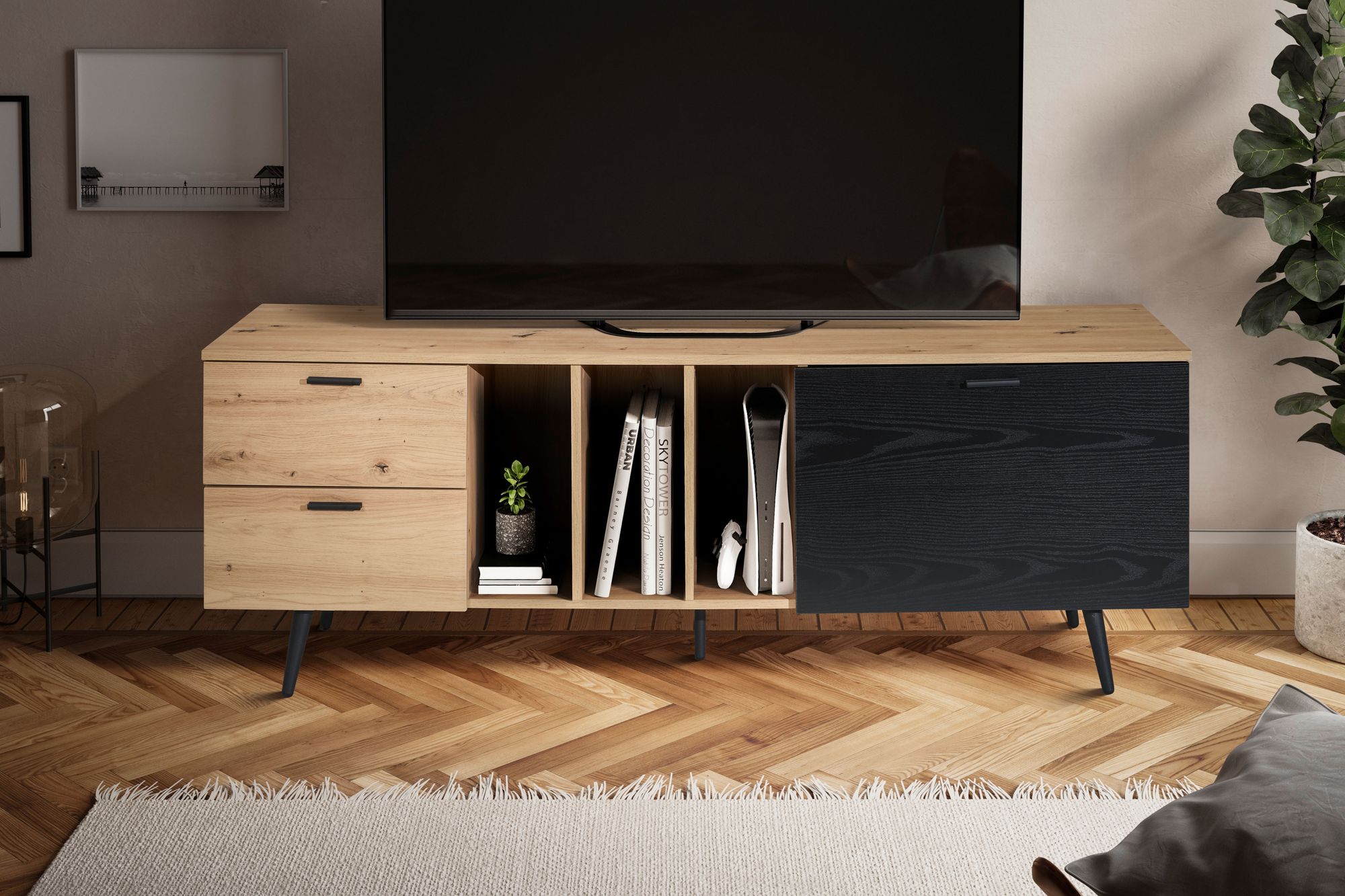 FineBuy Lowboard Eiche-Dekor 150x55x40 cm Design TV-Kommode Modern, TV-Schrank Hoch, Fernsehtisch Fernsehschrank mit Tür & Schubladen, Fernsehkommode Wohnzimmer Modern | Farbe: Braun