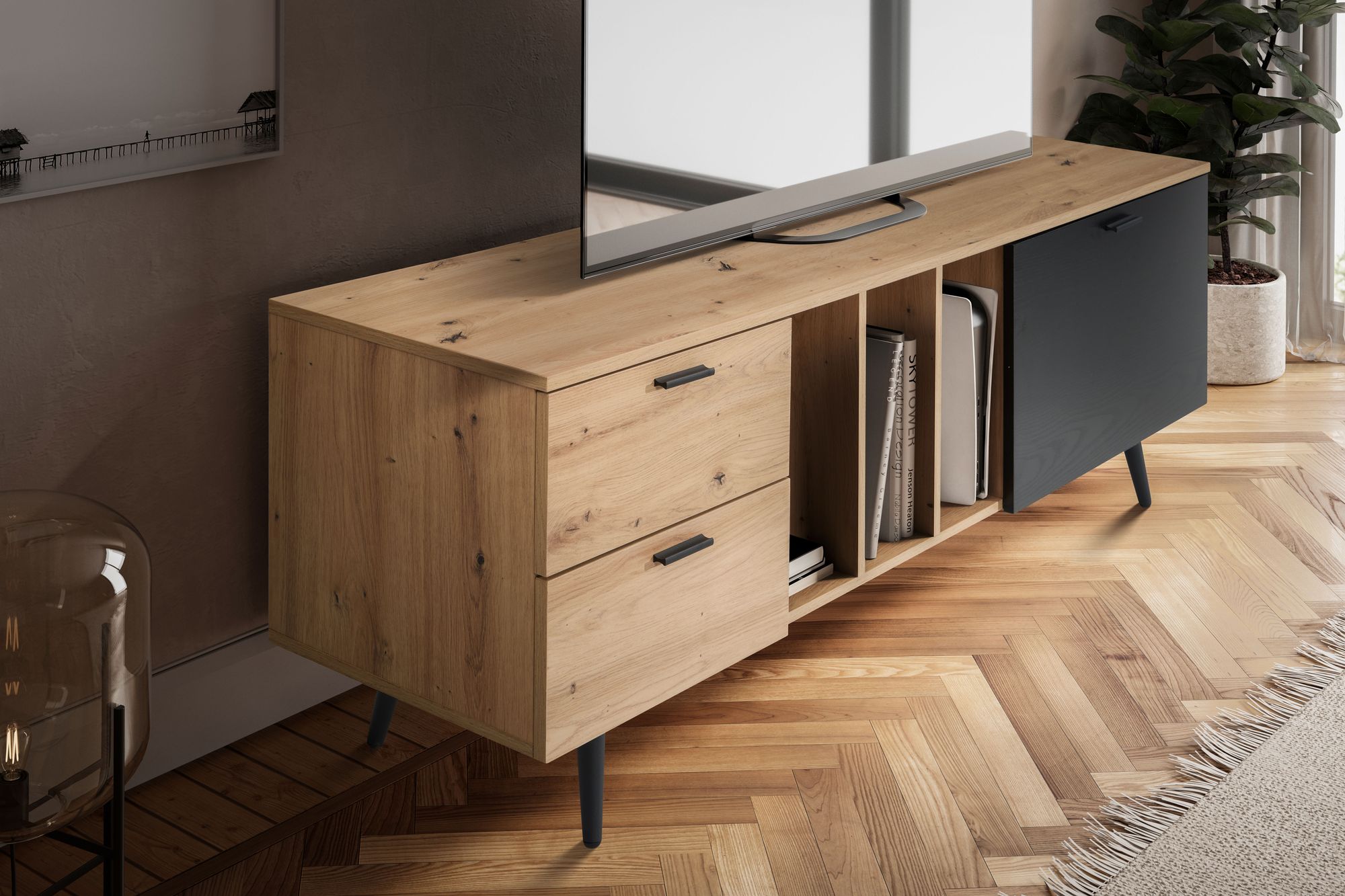 FineBuy Lowboard Eiche-Dekor 150x55x40 cm Design TV-Kommode Modern, TV-Schrank Hoch, Fernsehtisch Fernsehschrank mit Tür & Schubladen, Fernsehkommode Wohnzimmer Modern | Farbe: Braun