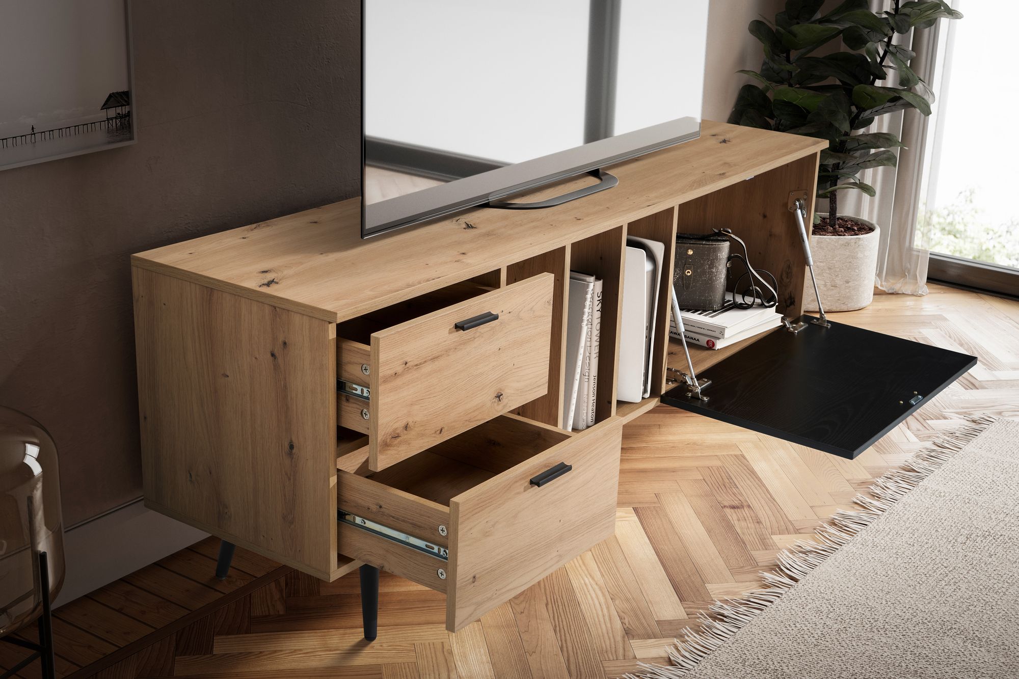 FineBuy Lowboard Eiche-Dekor 150x55x40 cm Design TV-Kommode Modern, TV-Schrank Hoch, Fernsehtisch Fernsehschrank mit Tür & Schubladen, Fernsehkommode Wohnzimmer Modern | Farbe: Braun