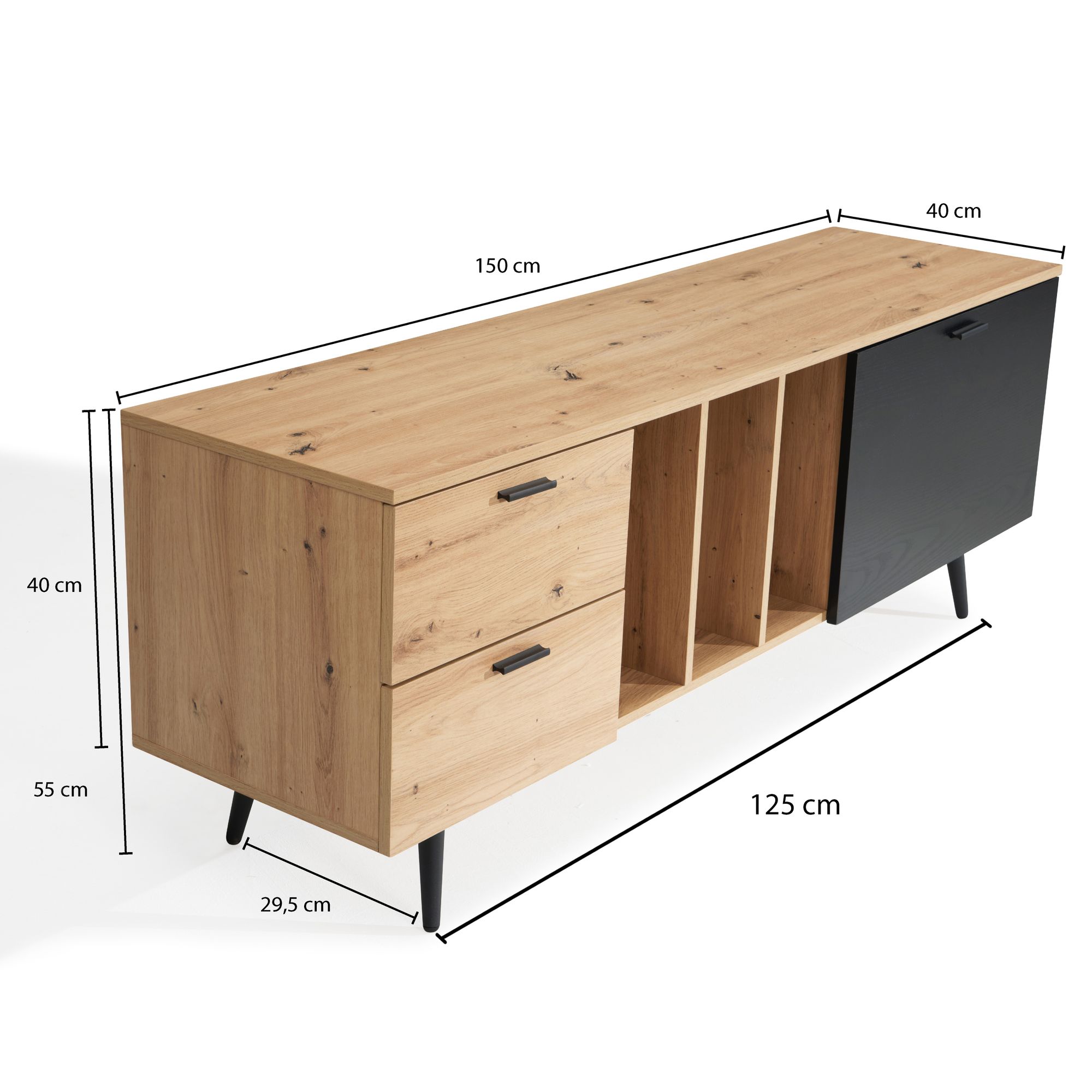 FineBuy Lowboard Eiche-Dekor 150x55x40 cm Design TV-Kommode Modern, TV-Schrank Hoch, Fernsehtisch Fernsehschrank mit Tür & Schubladen, Fernsehkommode Wohnzimmer Modern | Farbe: Braun