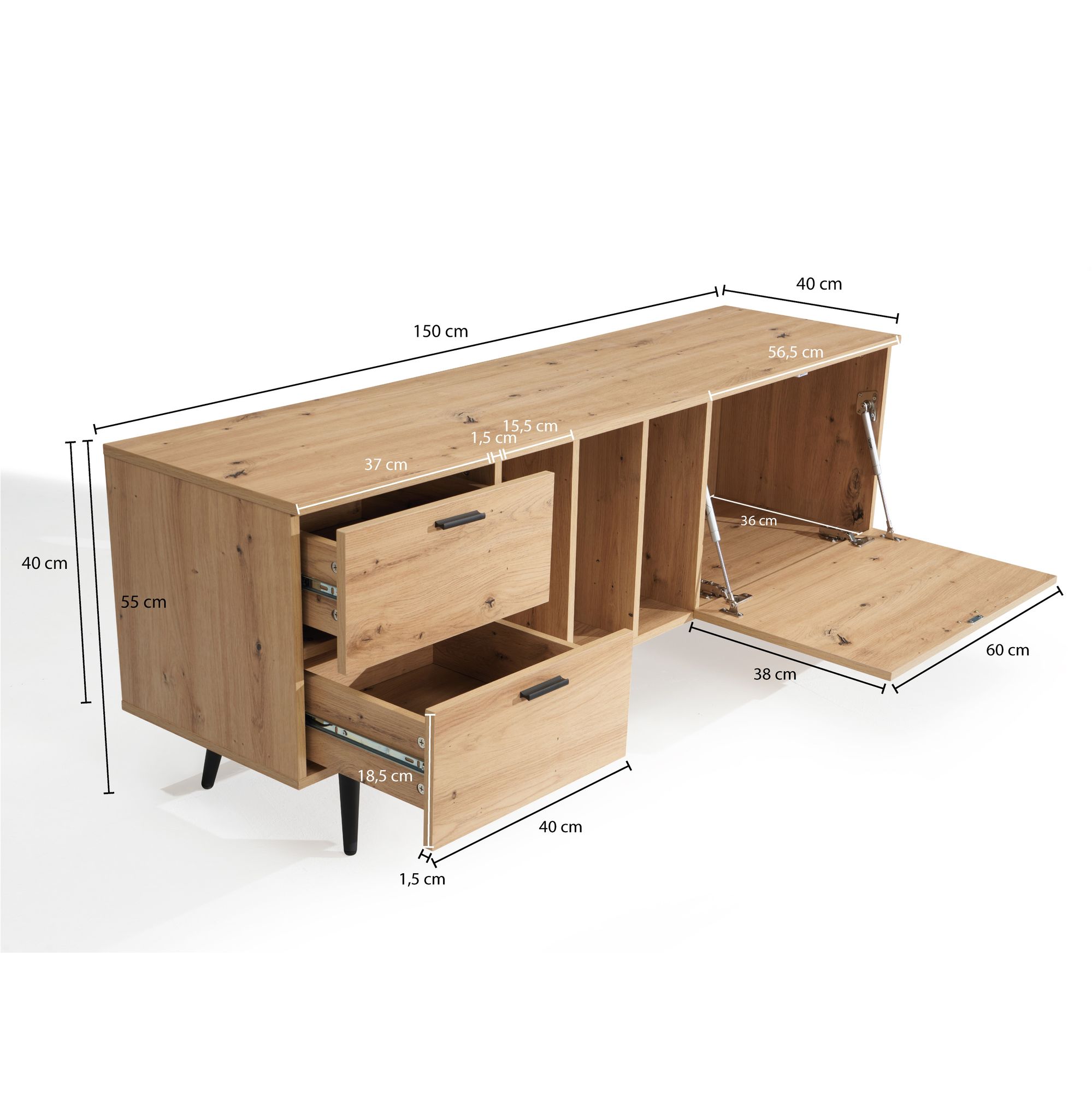 FineBuy Lowboard Eiche-Dekor 150x55x40 cm Design TV-Kommode Modern, TV-Schrank Hoch, Fernsehtisch Fernsehschrank mit Tür & Schubladen, Fernsehkommode Wohnzimmer Modern | Farbe: Braun