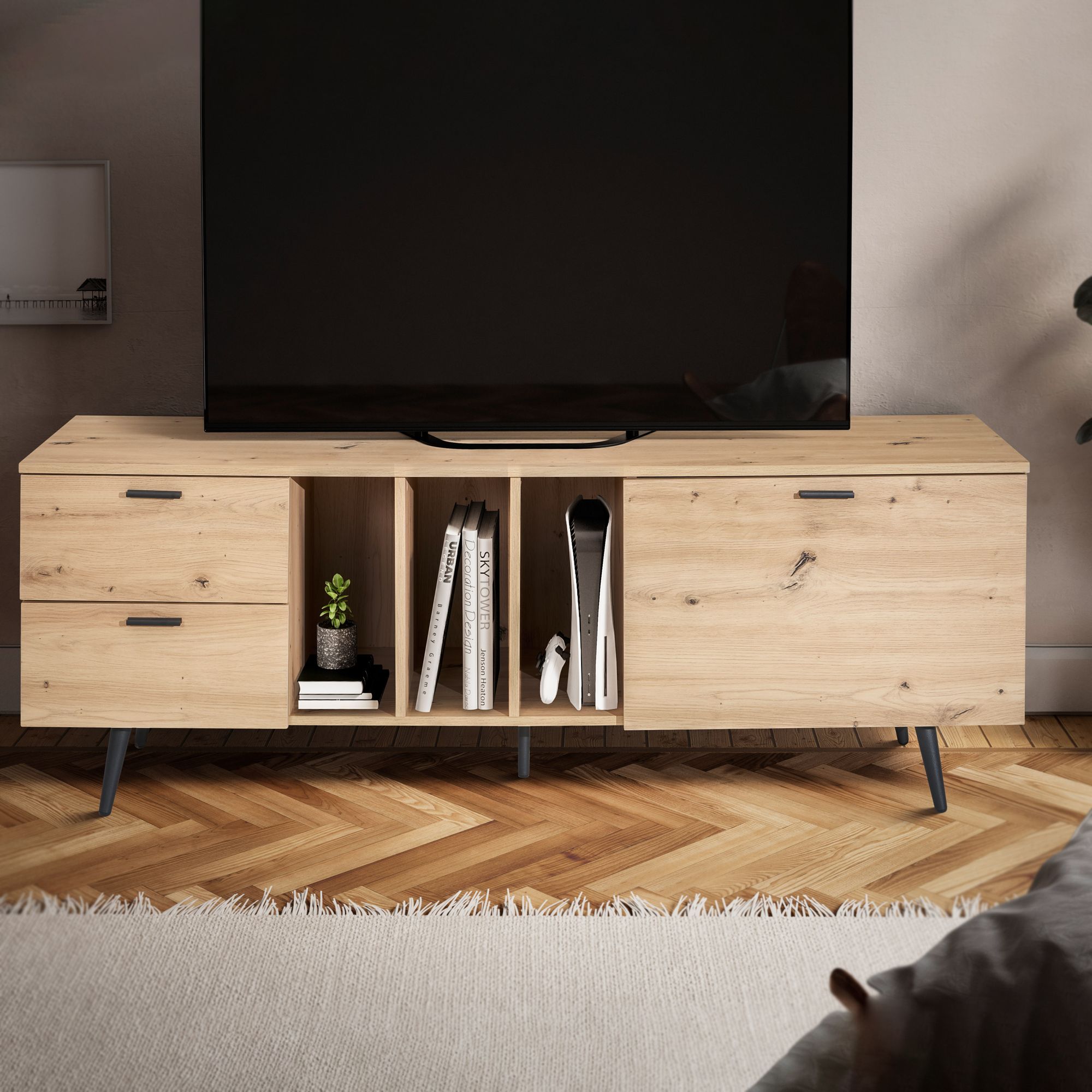FineBuy Lowboard Eiche-Dekor 150x55x40 cm Design TV-Kommode Modern, TV-Schrank Hoch, Fernsehtisch Fernsehschrank mit Tür & Schubladen, Fernsehkommode Wohnzimmer Modern | Farbe: Braun