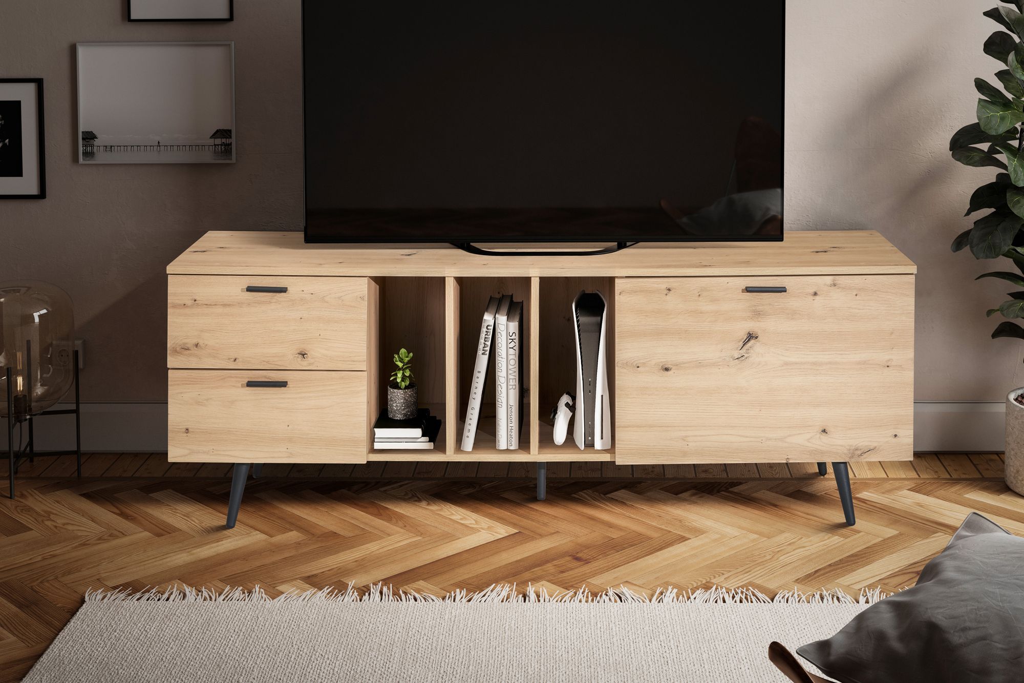 FineBuy Lowboard Eiche-Dekor 150x55x40 cm Design TV-Kommode Modern, TV-Schrank Hoch, Fernsehtisch Fernsehschrank mit Tür & Schubladen, Fernsehkommode Wohnzimmer Modern | Farbe: Braun