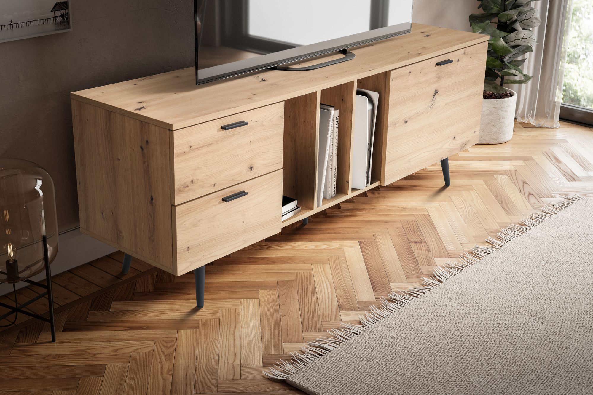 FineBuy Lowboard Eiche-Dekor 150x55x40 cm Design TV-Kommode Modern, TV-Schrank Hoch, Fernsehtisch Fernsehschrank mit Tür & Schubladen, Fernsehkommode Wohnzimmer Modern | Farbe: Braun