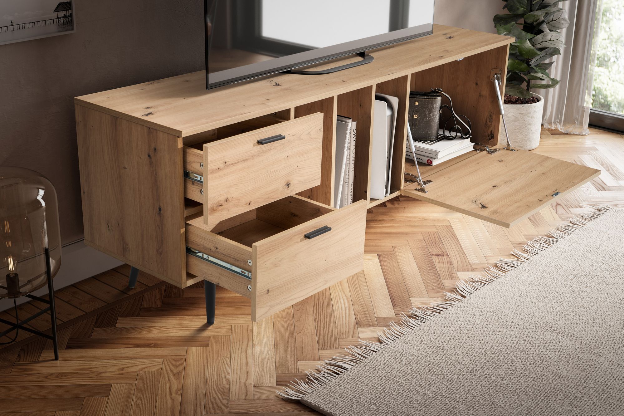 FineBuy Lowboard Eiche-Dekor 150x55x40 cm Design TV-Kommode Modern, TV-Schrank Hoch, Fernsehtisch Fernsehschrank mit Tür & Schubladen, Fernsehkommode Wohnzimmer Modern | Farbe: Braun