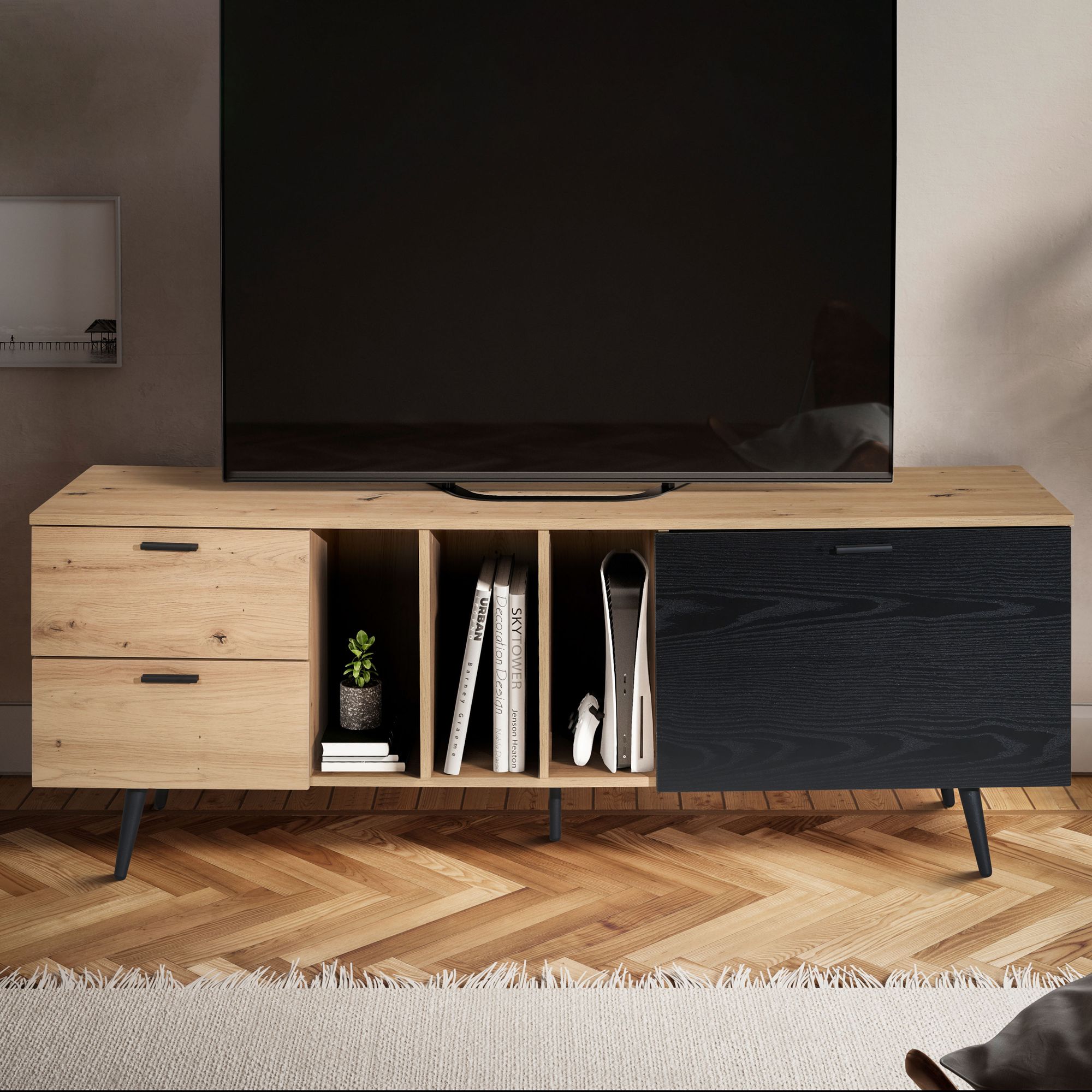 FineBuy Lowboard Eiche-Dekor 150x55x40 cm Design TV-Kommode Modern, TV-Schrank Hoch, Fernsehtisch Fernsehschrank mit Tür & Schubladen, Fernsehkommode Wohnzimmer Modern | Farbe: Braun