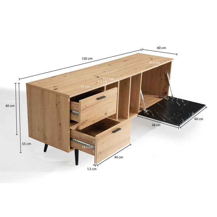 Lowboard FineBuy TV Schrank 150 cm Fernsehtisch Fernsehschrank Marmor Schwarz – Maßzeichnung