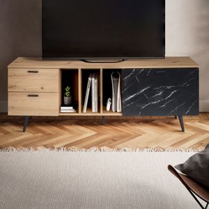 FineBuy Lowboard Eiche-Dekor mit Marmor-Look in Schwarz 150x55x40 cm TV-Kommode, Design TV-Schrank Hoch Modern, Fernsehtisch Fernsehschrank mit Tür & Schubladen, Fernsehkommode Wohnzimmer Modern
