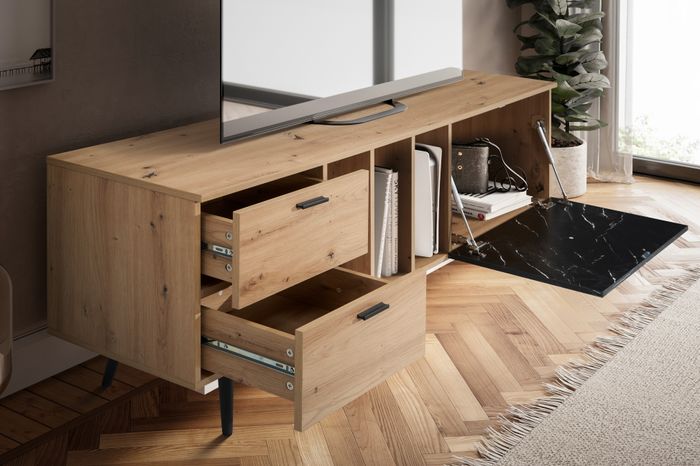 FineBuy Lowboard Eiche-Dekor mit Marmor-Look in Schwarz 150x55x40 cm TV-Kommode, Design TV-Schrank Hoch Modern, Fernsehtisch Fernsehschrank mit Tür & Schubladen, Fernsehkommode Wohnzimmer Modern
