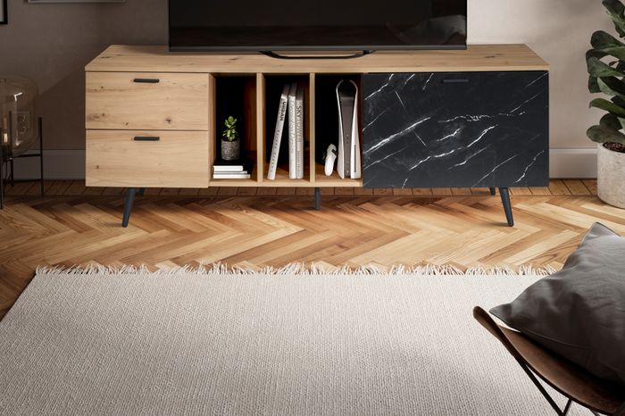 FineBuy Lowboard Eiche-Dekor mit Marmor-Look in Schwarz 150x55x40 cm TV-Kommode, Design TV-Schrank Hoch Modern, Fernsehtisch Fernsehschrank mit Tür & Schubladen, Fernsehkommode Wohnzimmer Modern