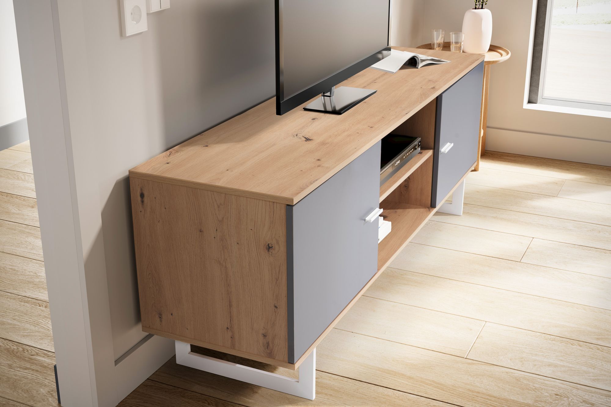 Lowboard FineBuy TV Schrank 150 cm Fernsehkommode Fernsehschrank Eiche Türen – Ansicht 5