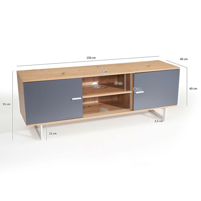 Lowboard FineBuy TV Schrank 150 cm Fernsehkommode Fernsehschrank Eiche Türen – Maßzeichnung