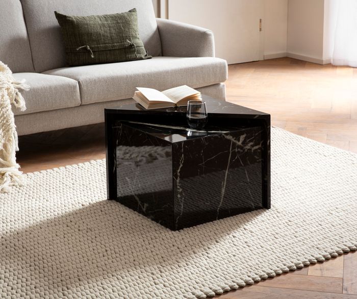 FineBuy Couchtisch 2er Set MONOBLOC Hochglanz Sofatisch mit Marmor Optik, Design Satztisch Eckig, Wohnzimmertisch Ineinanderschiebbar, Lounge Verschachtelungstisch Beistelltisch Klein