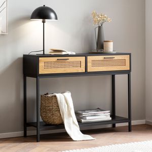 FB100053 FineBuy Konsolentisch Schwarz 100x30x75 cm Design Anrichte Flur, Ablagetisch Schmal mit Wiener Geflecht, Flurtisch mit Schubladen und Ablage, Dielentisch Lang Hoch Rattan