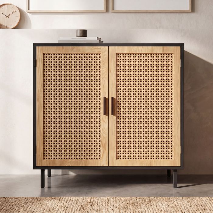 Sideboard 80cm mit 2 Türen in Rattan Wiener Geflecht Design Kommode Schwarz