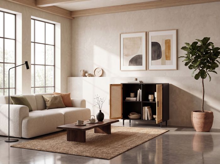 Sideboard 80cm mit 2 Türen in Rattan Wiener Geflecht Design Kommode Schwarz