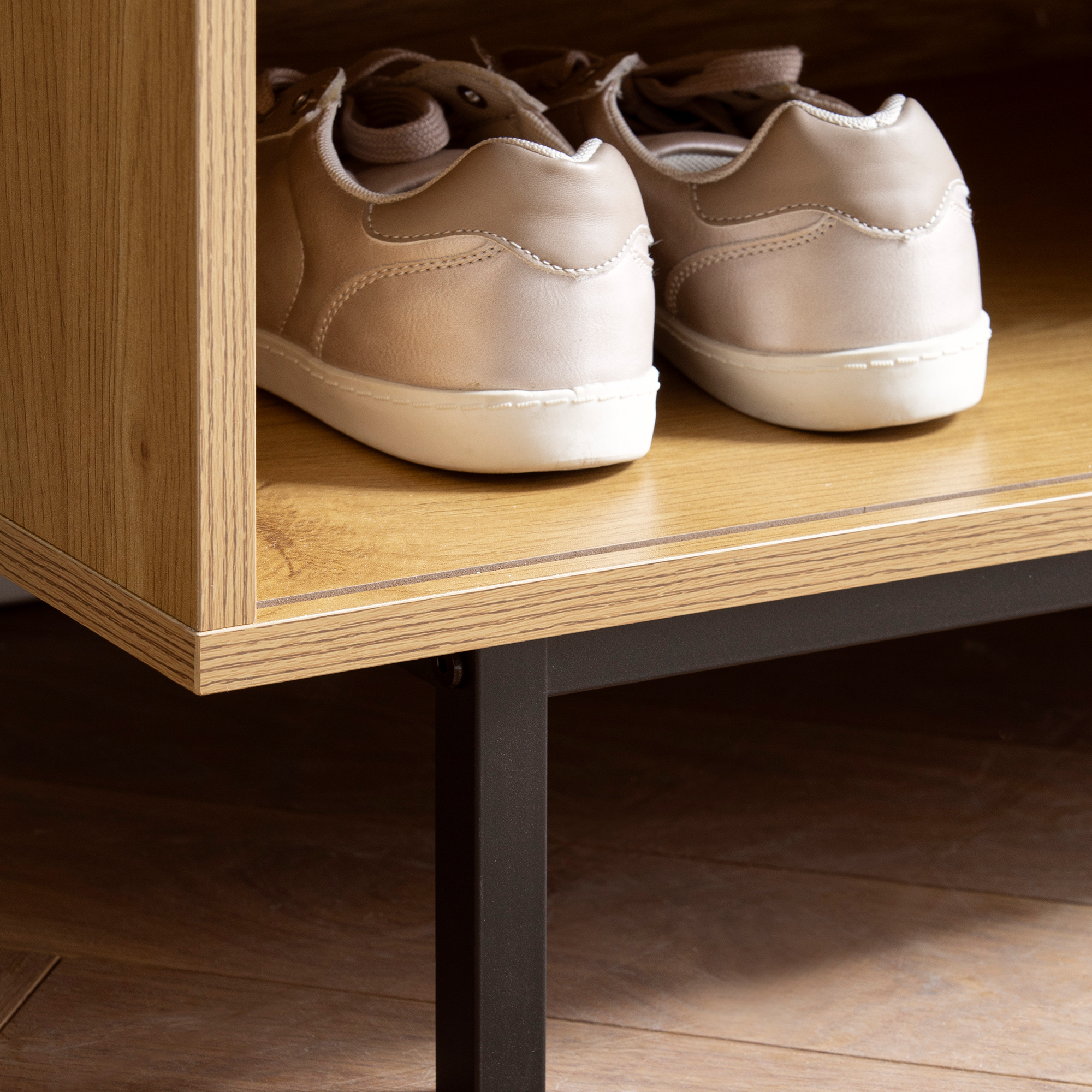 FineBuy Schuhbank mit Sitzfläche 120x75,5x40 cm Garderobenbank Eiche-Dekor, Sitzbank Rattan Klein Gepolstert, Bank Schmal Flur mit Stauraum, Flurbank Wiener Geflecht, Flurmöbel mit Schiebetür | Farbe: Braun