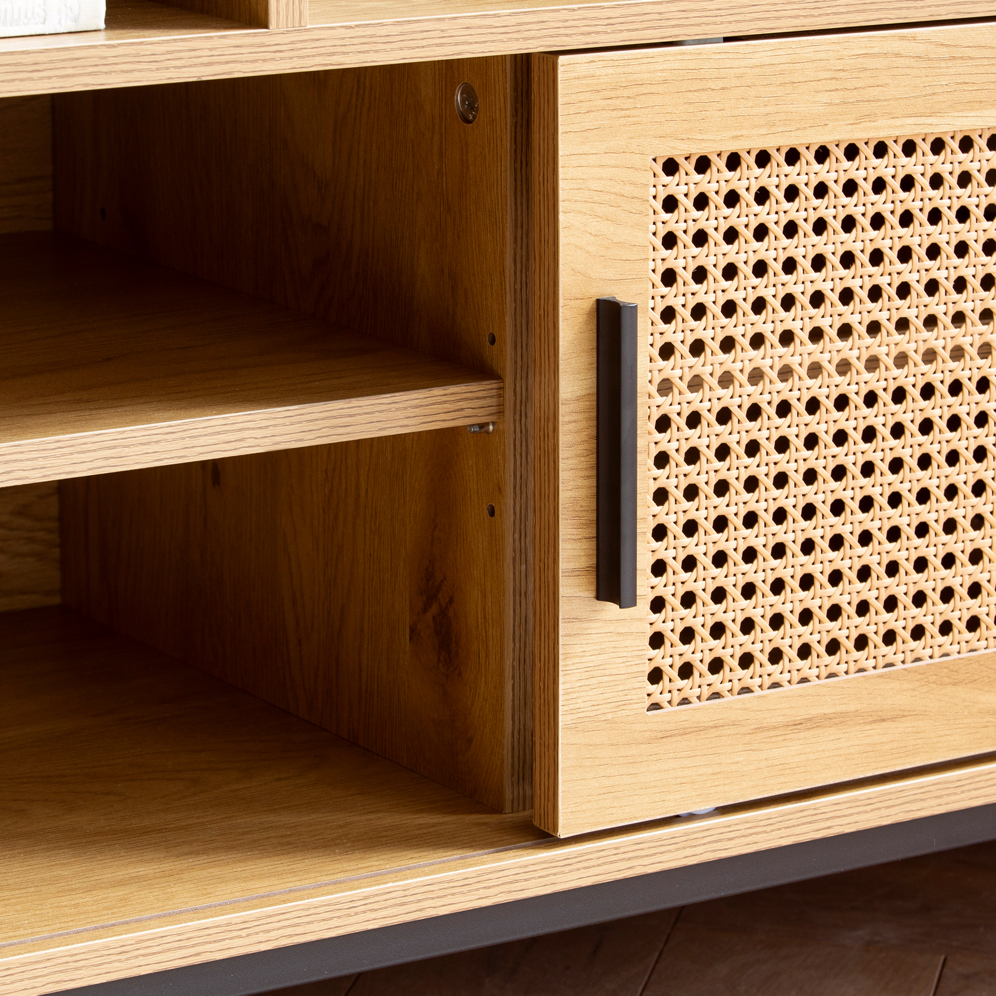 FineBuy Schuhbank mit Sitzfläche 120x75,5x40 cm Garderobenbank Eiche-Dekor, Sitzbank Rattan Klein Gepolstert, Bank Schmal Flur mit Stauraum, Flurbank Wiener Geflecht, Flurmöbel mit Schiebetür | Farbe: Braun