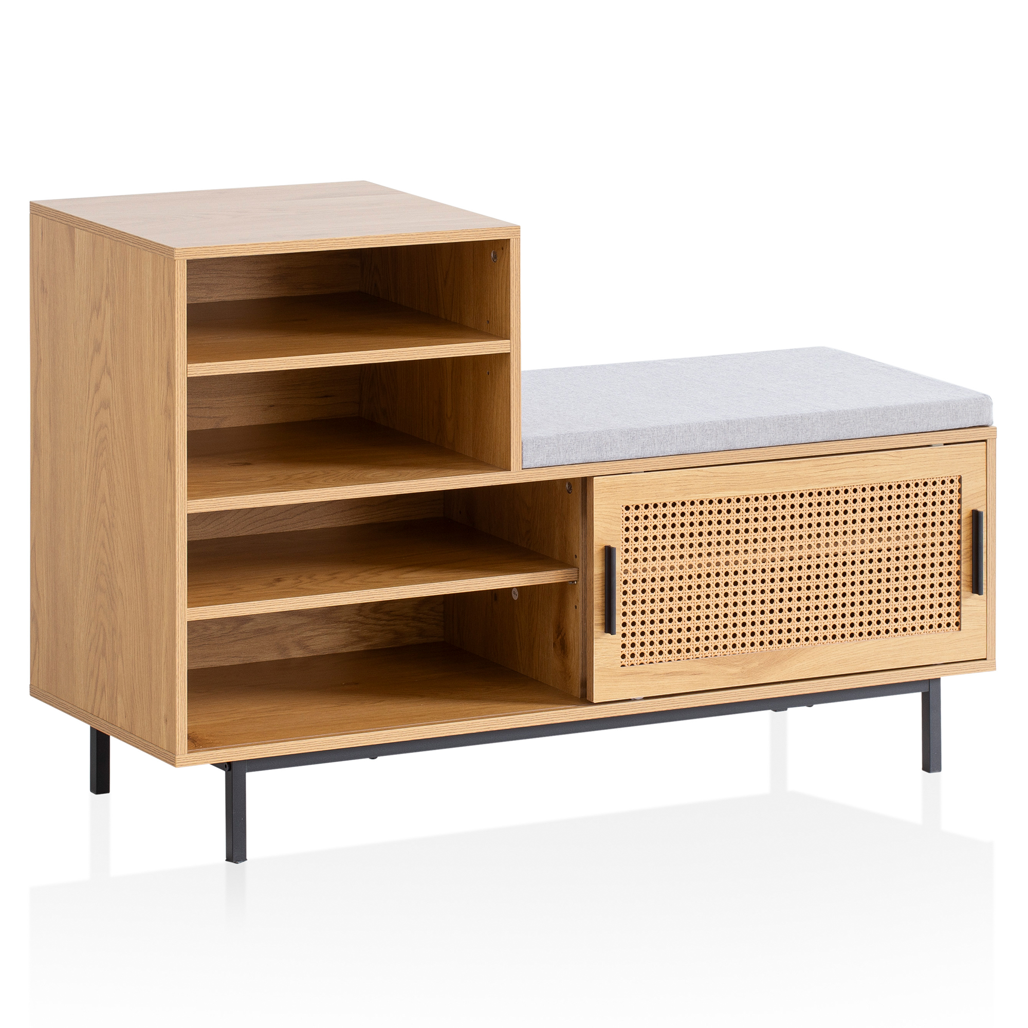 FineBuy Schuhbank mit Sitzfläche 120x75,5x40 cm Garderobenbank Eiche-Dekor, Sitzbank Rattan Klein Gepolstert, Bank Schmal Flur mit Stauraum, Flurbank Wiener Geflecht, Flurmöbel mit Schiebetür | Farbe: Braun