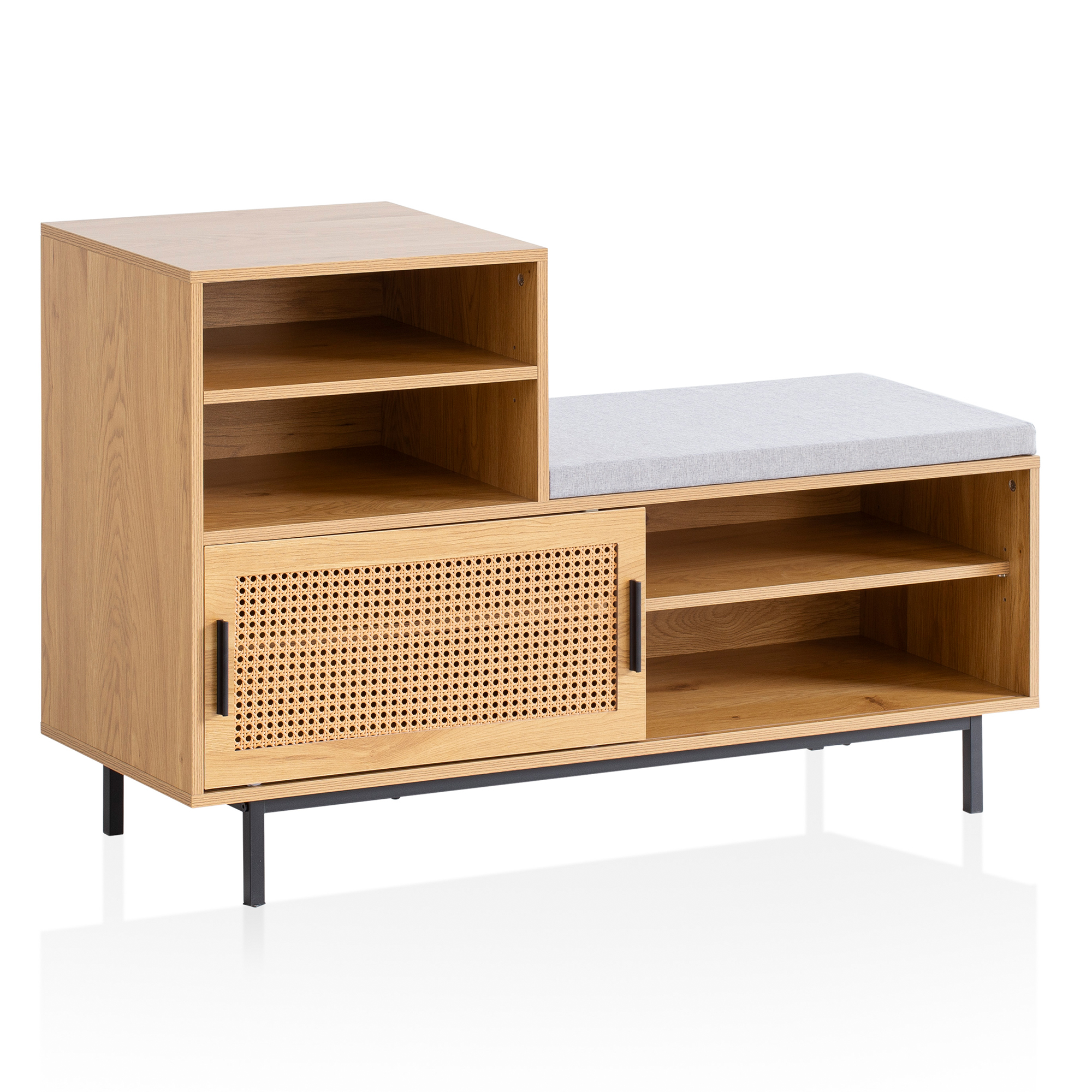 FineBuy Schuhbank mit Sitzfläche 120x75,5x40 cm Garderobenbank Eiche-Dekor, Sitzbank Rattan Klein Gepolstert, Bank Schmal Flur mit Stauraum, Flurbank Wiener Geflecht, Flurmöbel mit Schiebetür | Farbe: Braun