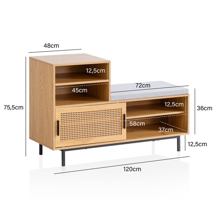 Schuhbank FineBuy Garderobe mit Sitzbank 120 cm Wiener Geflecht Schuhregal Eiche – Maßzeichnung