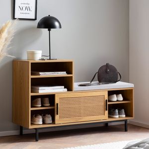 FineBuy Schuhbank mit Sitzfläche 120x75,5x40 cm Garderobenbank Eiche-Dekor, Sitzbank Rattan Klein Gepolstert, Bank Schmal Flur mit Stauraum, Flurbank Wiener Geflecht, Flurmöbel mit Schiebetür