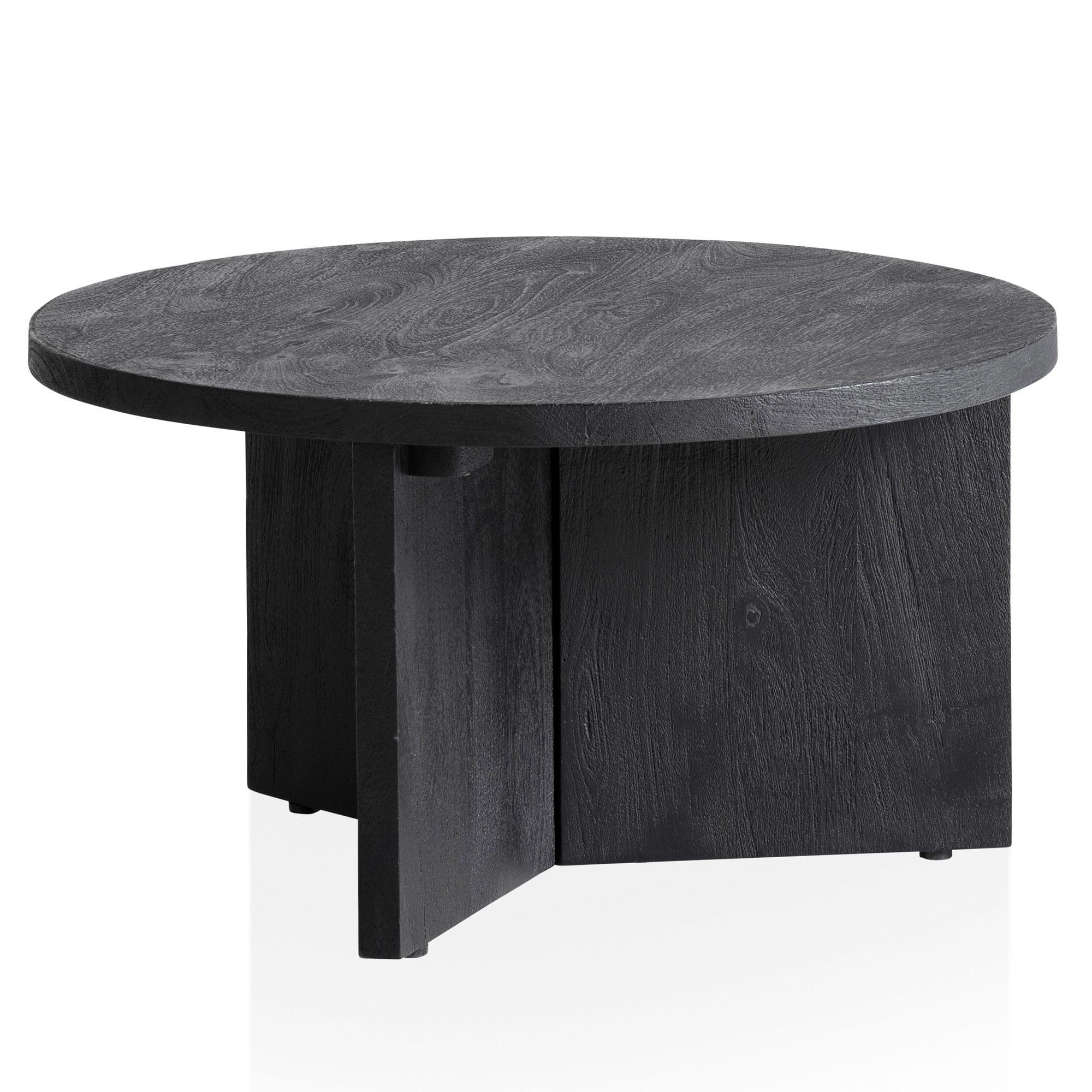 FineBuy Couchtisch Mango Massivholz rund Ø 60 cm Schwarz · Moderner Wohnzimmertisch mit strukturierter Oberfläche · Handgefertigter Sofatisch mit markantem Holzgestell | Farbe: Schwarz
