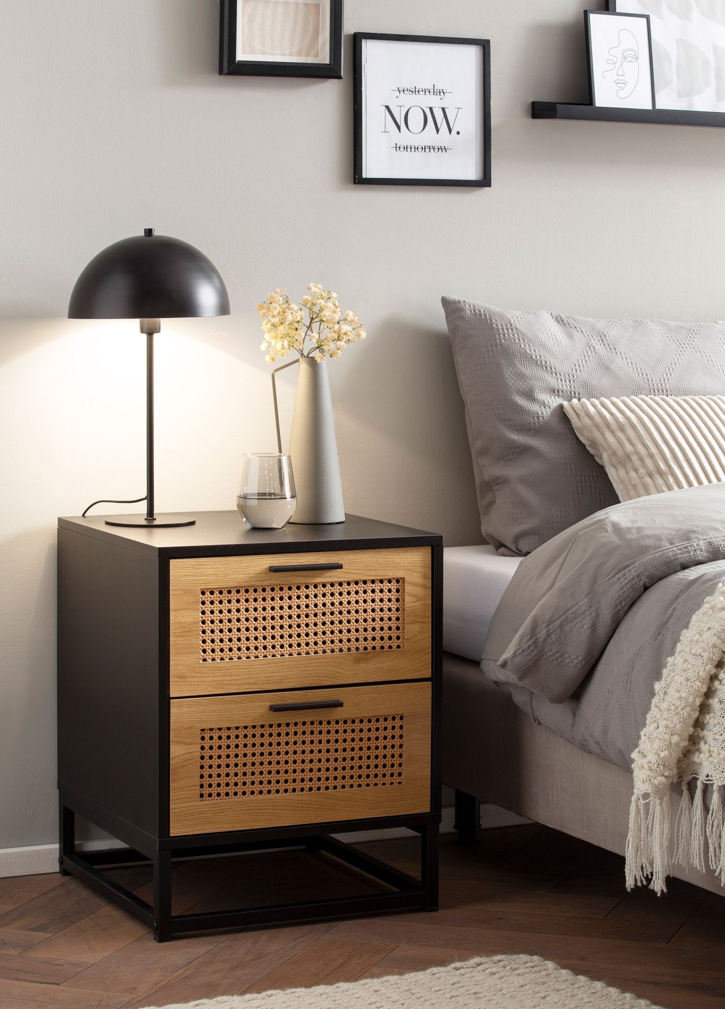 FineBuy Nachtkonsole Schwarz mit Wiener Geflecht 45x45x56 cm Nachttisch Zeitlos, Nachtkommode Boxspringbett mit Schubladen, Nachtkästchen mit Stauraum | Farbe: Schwarz