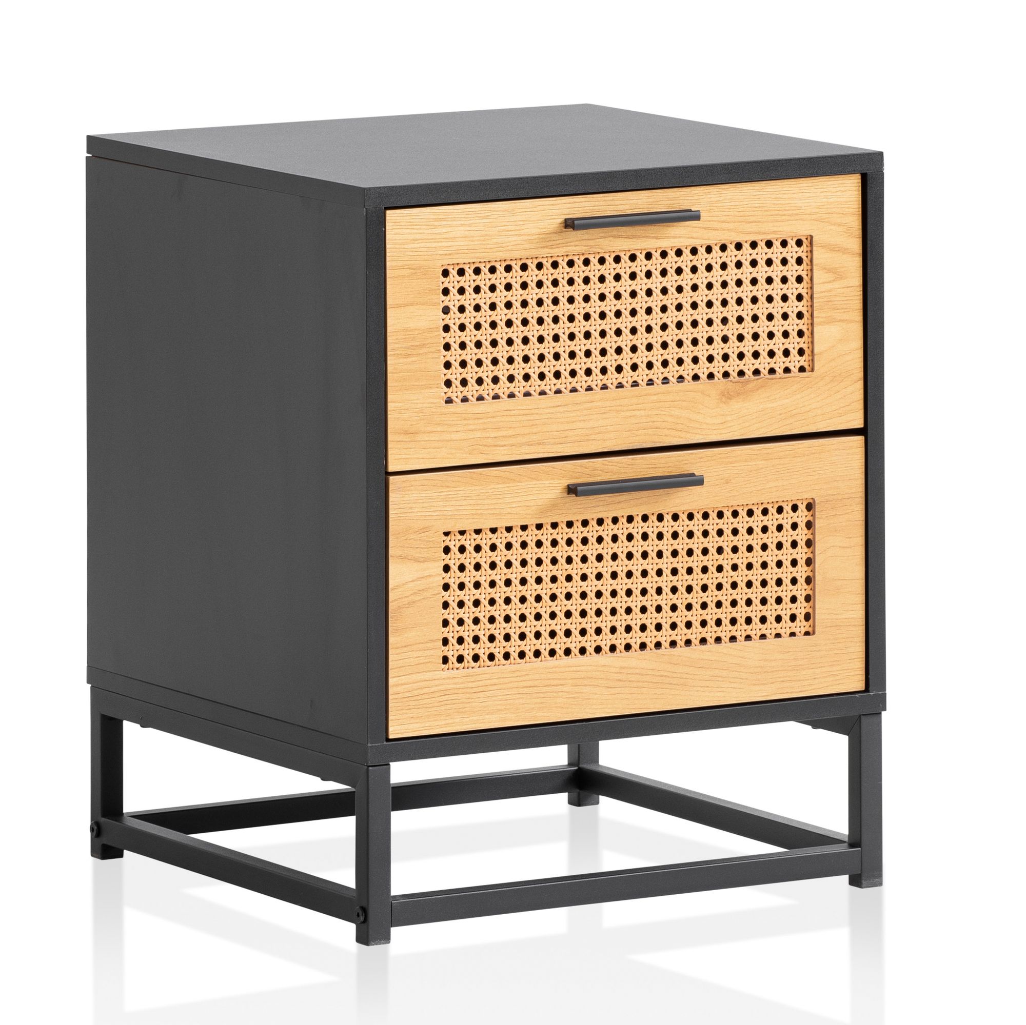 FineBuy Nachtkonsole Schwarz mit Wiener Geflecht 45x45x56 cm Nachttisch Zeitlos, Nachtkommode Boxspringbett mit Schubladen, Nachtkästchen mit Stauraum | Farbe: Schwarz