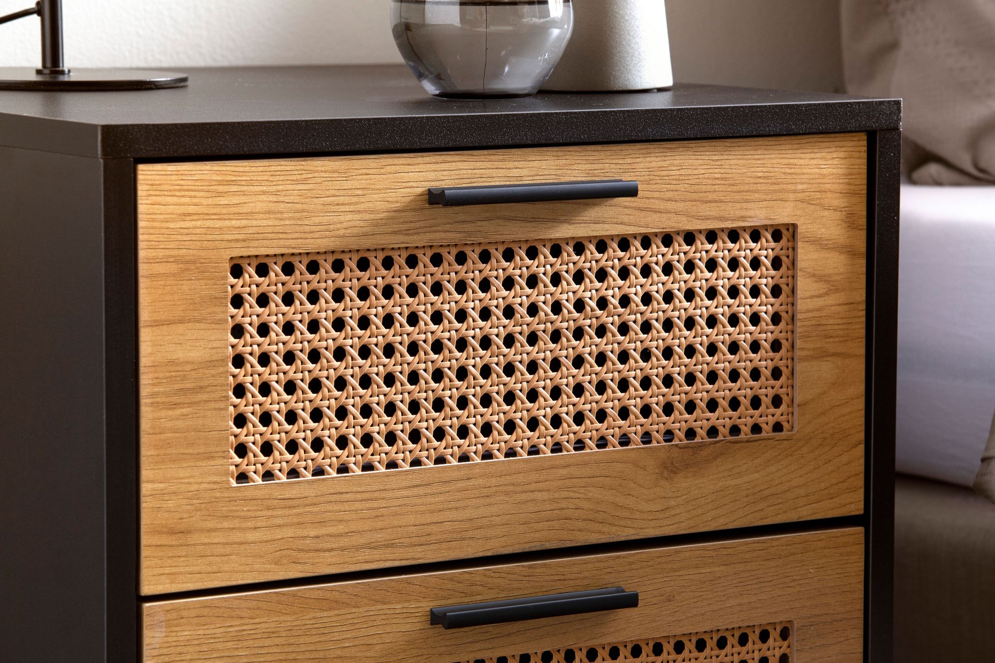 FineBuy Nachtkonsole Schwarz mit Wiener Geflecht 45x45x56 cm Nachttisch Zeitlos, Nachtkommode Boxspringbett mit Schubladen, Nachtkästchen mit Stauraum | Farbe: Schwarz