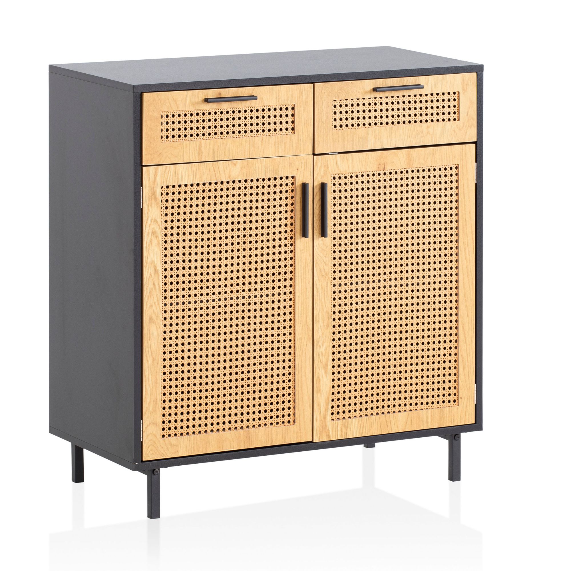 FineBuy Sideboard 80x86,5x40 cm Kommode Schwarz mit Wiener Geflecht, Hoher Kommodenschrank Zeitlos, Standschrank Wohnzimmer mit 2 Türen und Schubladen, Anrichte Rattan | Farbe: Schwarz