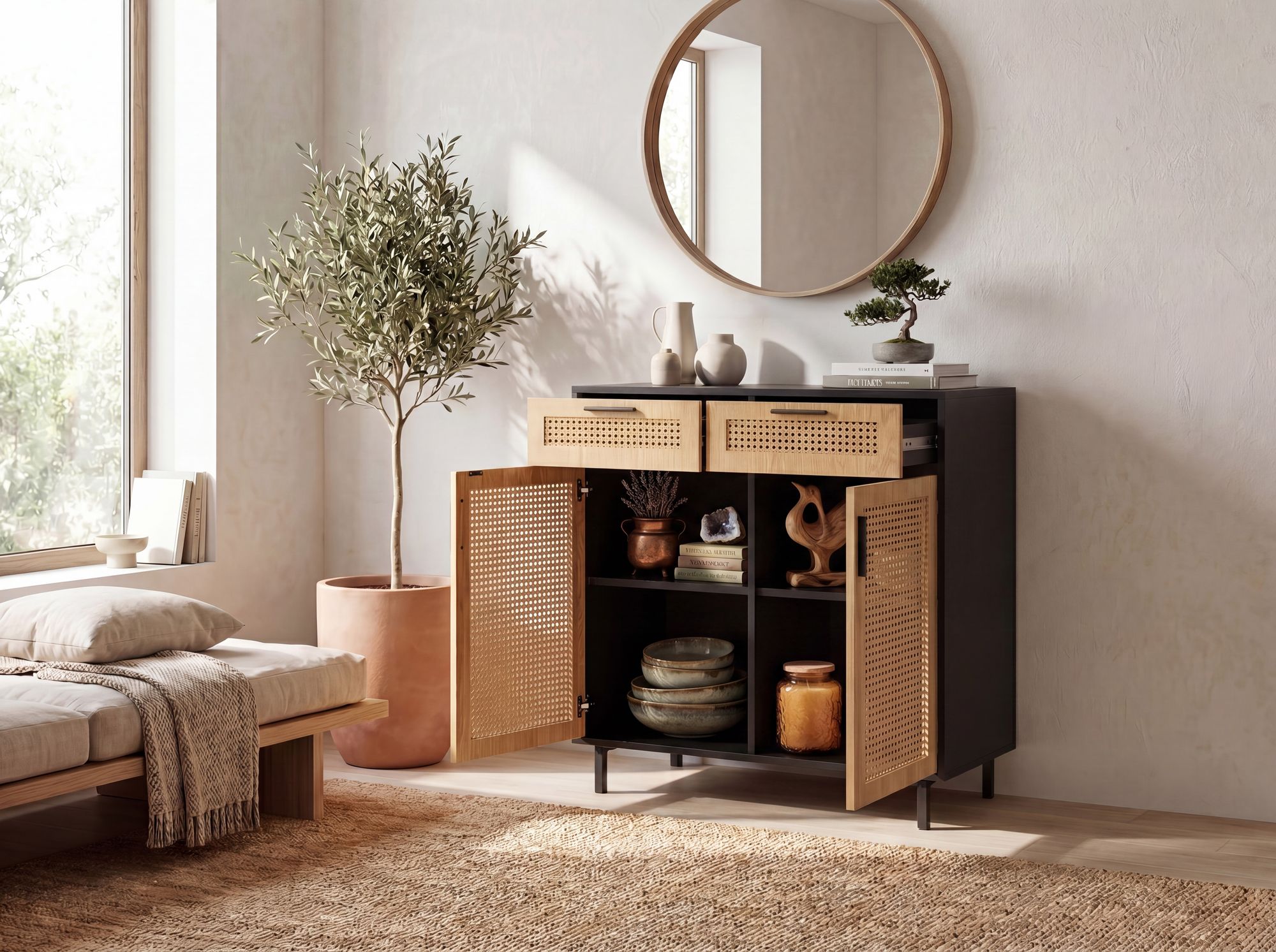Sideboard FineBuy Anrichte 80 cm Schwarz Kommodenschrank mit Wiener Geflecht – Ansicht 2