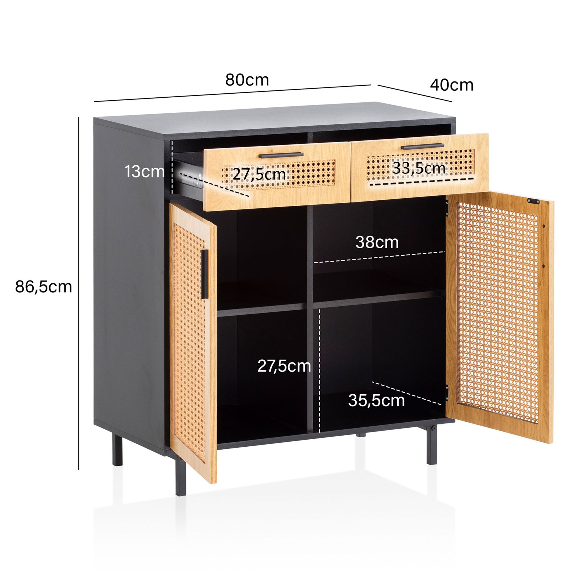 FineBuy Sideboard 80x86,5x40 cm Kommode Schwarz mit Wiener Geflecht, Hoher Kommodenschrank Zeitlos, Standschrank Wohnzimmer mit 2 Türen und Schubladen, Anrichte Rattan | Farbe: Schwarz