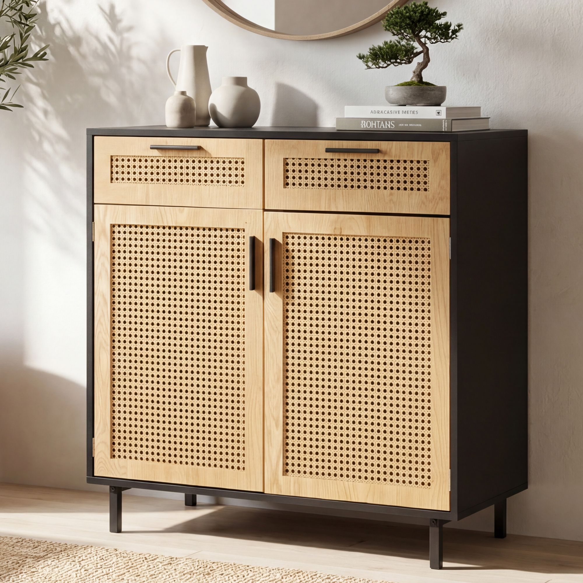 Sideboard FineBuy Anrichte 80 cm Schwarz Kommodenschrank mit Wiener Geflecht – Ansicht 1