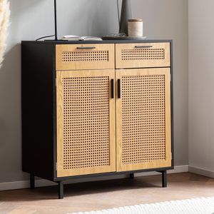 FineBuy Sideboard 80x86,5x40 cm Kommode Schwarz mit Wiener Geflecht, Hoher Kommodenschrank Zeitlos, Standschrank Wohnzimmer mit 2 Türen und Schubladen, Anrichte Rattan