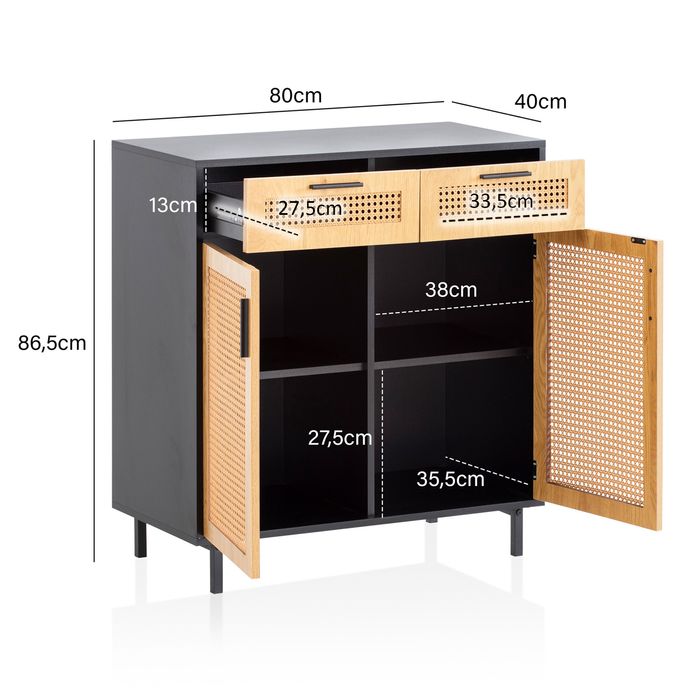 Sideboard FineBuy Anrichte 80 cm Schwarz Kommodenschrank mit Wiener Geflecht – Maßzeichnung