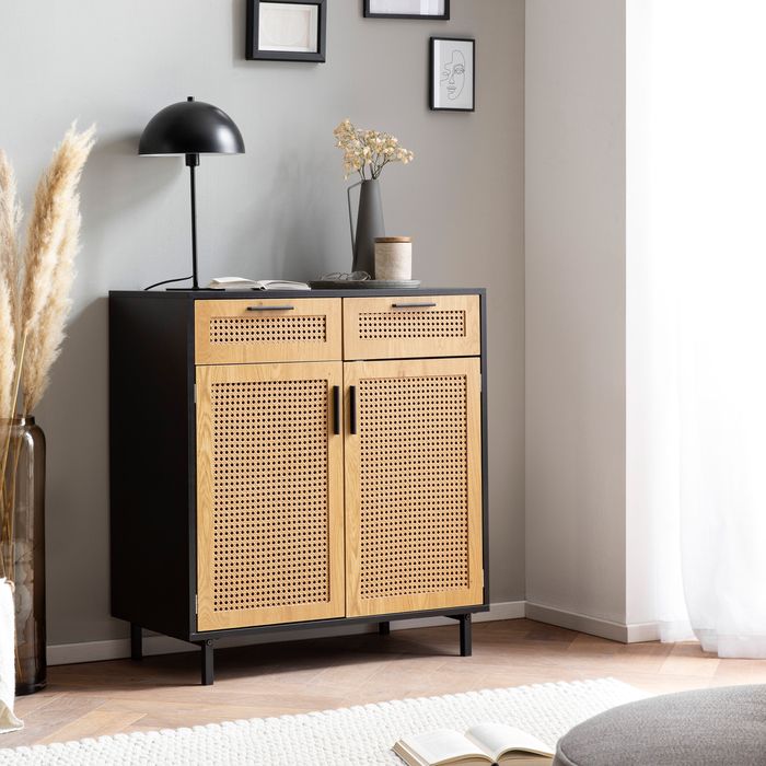 FineBuy Sideboard 80x86,5x40 cm Kommode Schwarz mit Wiener Geflecht, Hoher Kommodenschrank Zeitlos, Standschrank Wohnzimmer mit 2 Türen und Schubladen, Anrichte Rattan