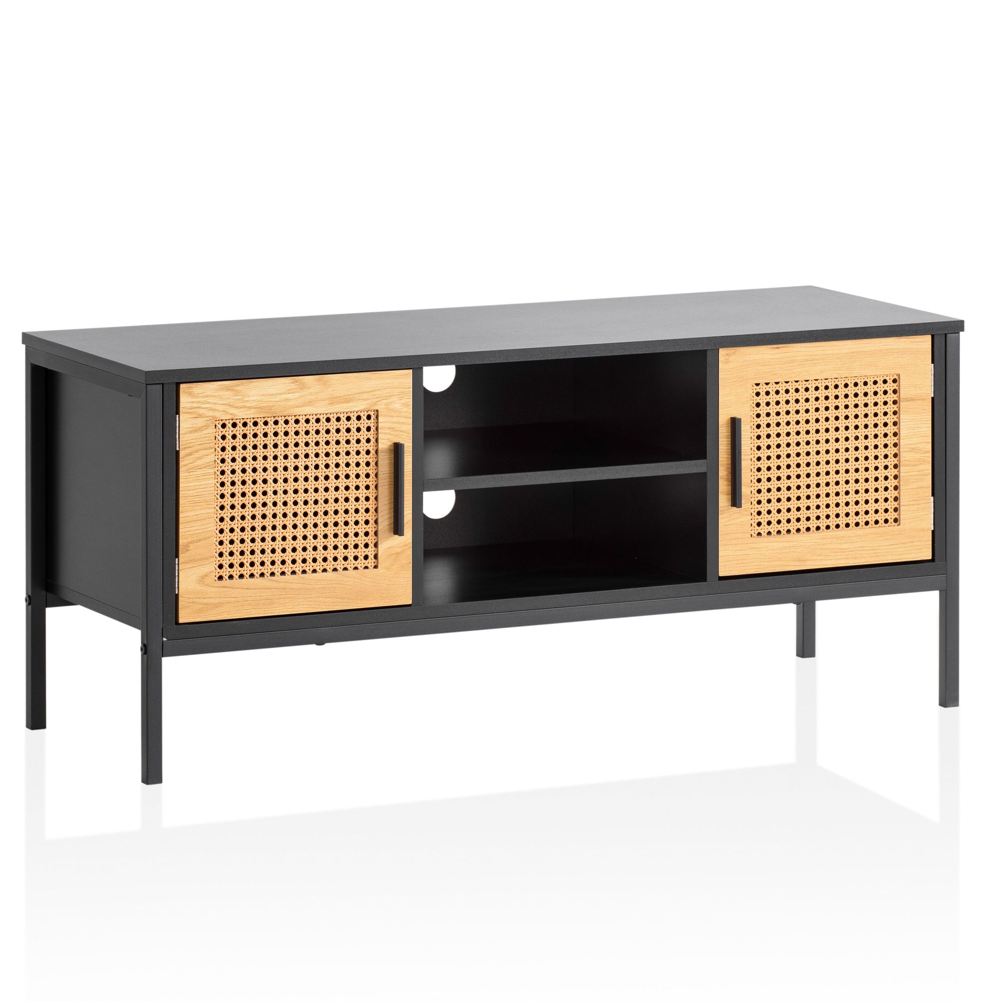 FineBuy Lowboard Schwarz / Eiche mit Wiener Geflecht 110x48x40 cm TV-Kommode Zeitlos, Design TV-Schrank Hoch, Fernsehtisch Fernsehschrank mit Türen, Fernsehkommode Wohnzimmer Rattan | Farbe: Schwarz