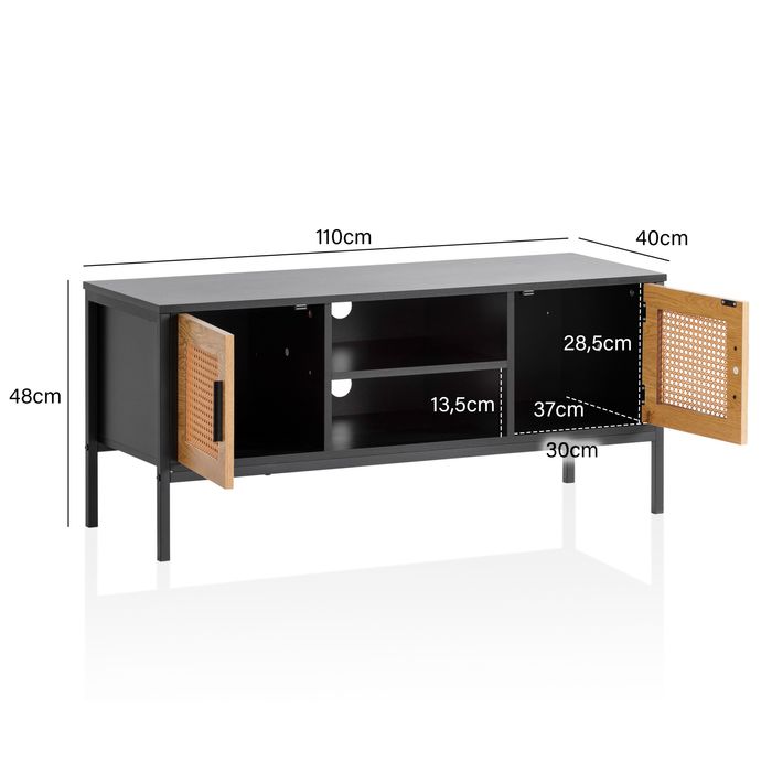 Lowboard FineBuy TV Schrank 110 cm Holz Schwarz Fernsehkommode Wiener Geflecht – Maßzeichnung