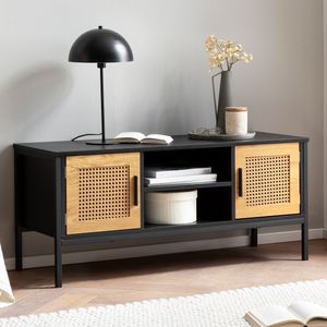 FineBuy Lowboard Schwarz / Eiche mit Wiener Geflecht 110x48x40 cm TV-Kommode Zeitlos, Design TV-Schrank Hoch, Fernsehtisch Fernsehschrank mit Türen, Fernsehkommode Wohnzimmer Rattan