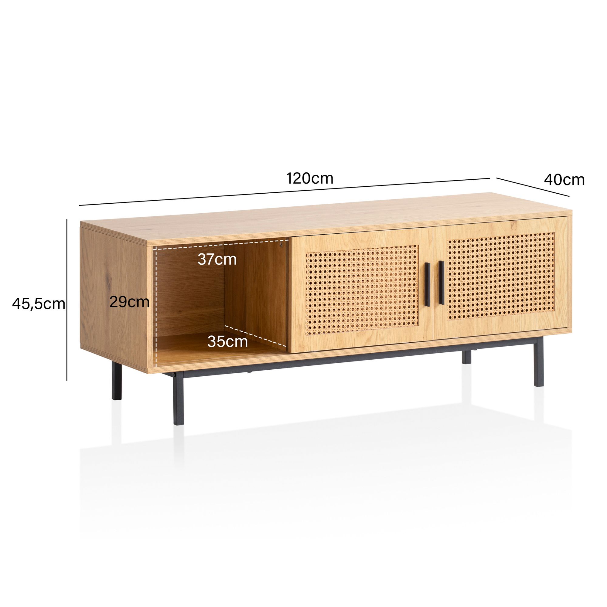 FineBuy Lowboard Eiche-Dekor mit Wiener Geflecht 120x45,5x40 cm TV-Kommode Zeitlos mit Schiebe-Türen, Design TV-Schrank Hoch, Fernsehtisch Fernsehschrank, Fernsehkommode Wohnzimmer Rattan | Farbe: Braun