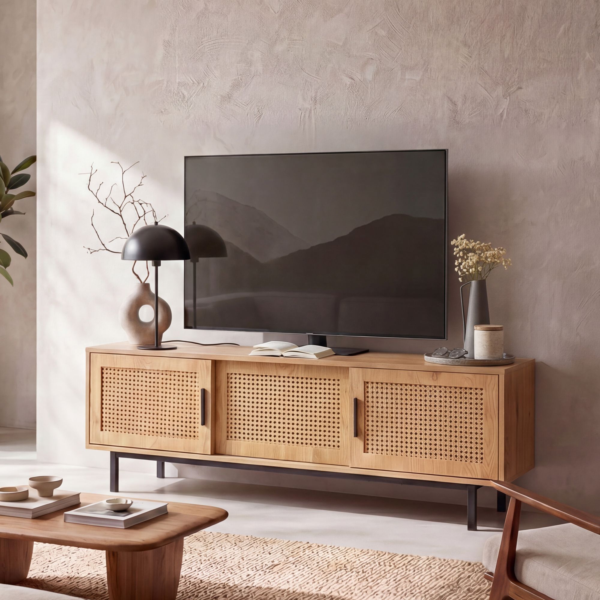 Lowboard FineBuy TV Schrank 120 cm Holz Eiche Fernsehkommode Wiener Geflecht – Ansicht 1