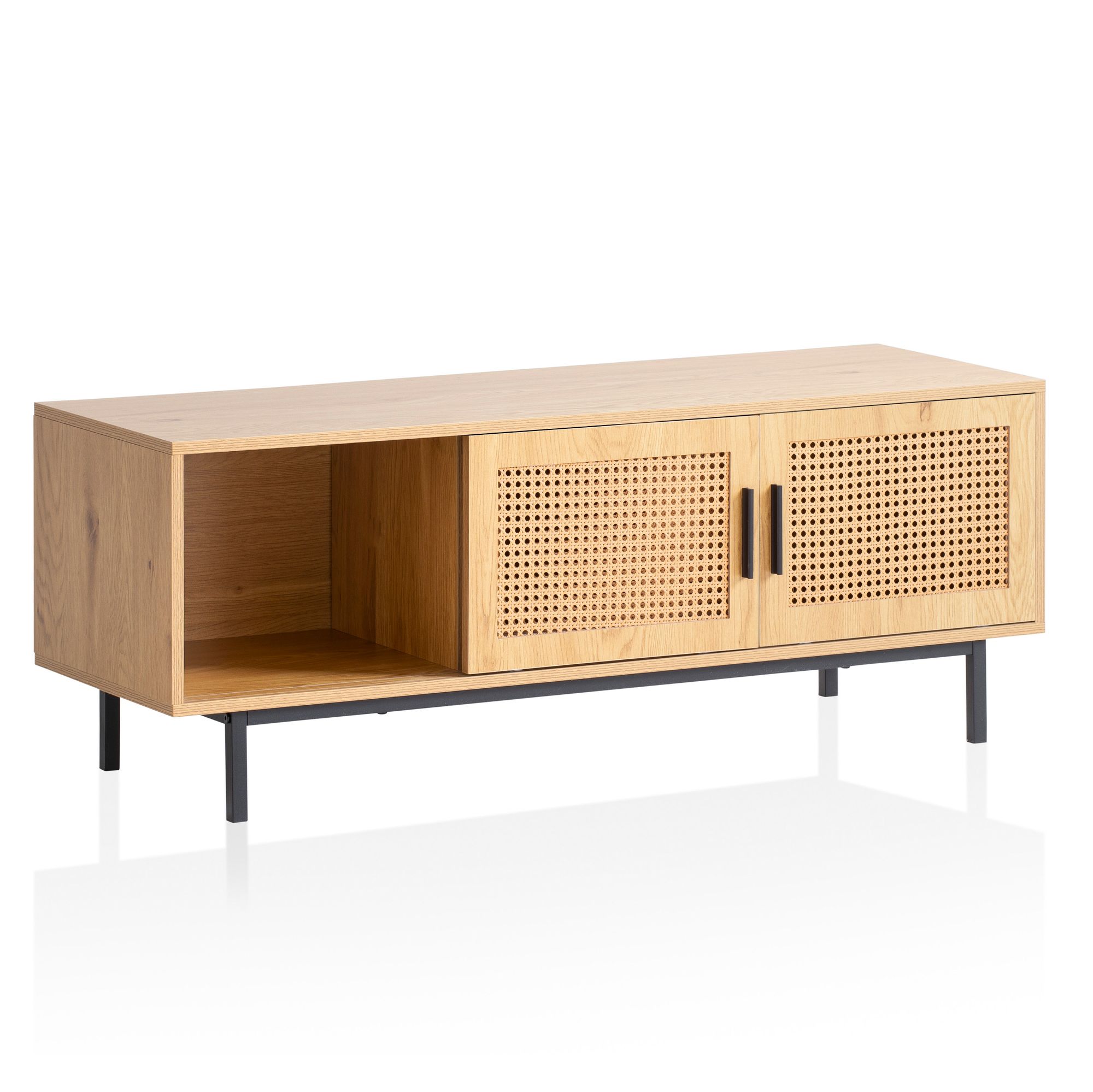 FineBuy Lowboard Eiche-Dekor mit Wiener Geflecht 120x45,5x40 cm TV-Kommode Zeitlos mit Schiebe-Türen, Design TV-Schrank Hoch, Fernsehtisch Fernsehschrank, Fernsehkommode Wohnzimmer Rattan | Farbe: Braun